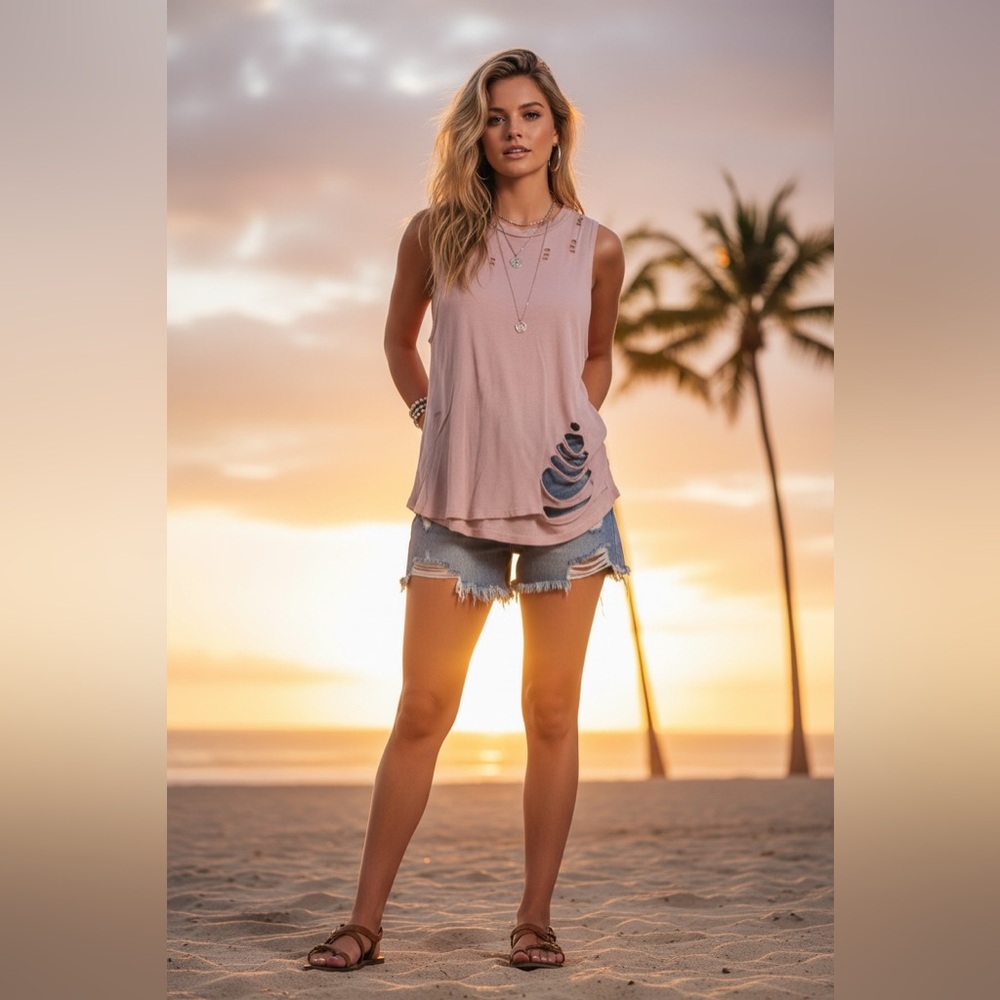 Stylish Distressed Sleeveless Tee in Soft Pink